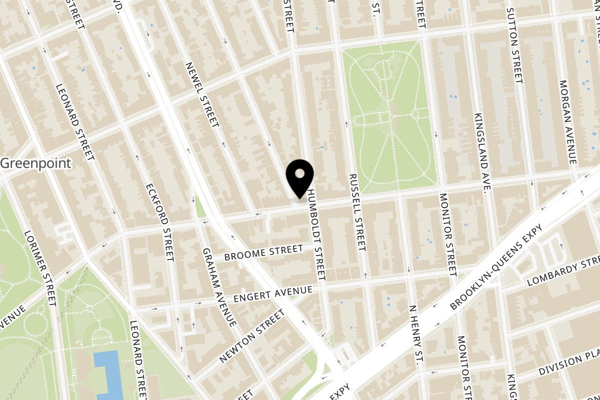 Map showing the location of Dar525 Driggs on 168 Driggs Ave in Brooklyn